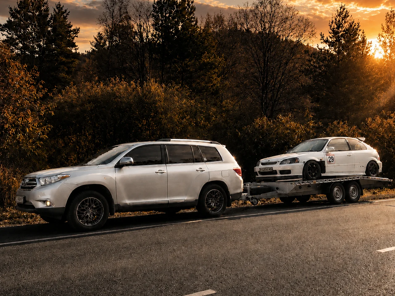 Toyota Highlander везёт гоночный автомобиль на прицепе по трассе на закате