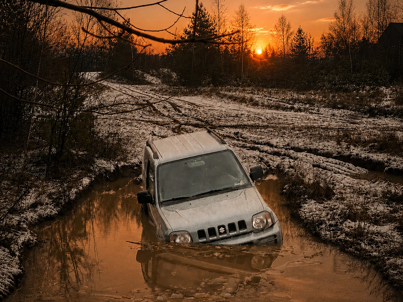 Suzuki Jimny застрял посреди затопленной колеи среди снега на закате